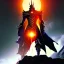 Placeholder: Sauron the mighty lord of darkness standing on a rock in the dark land of Mordor,A superhero MAN with infinite power and technology from the galactic race