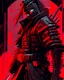 Placeholder: dibujo de contorno de un Samurái negro y rojo con traje cyberpunk