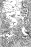 Placeholder: Outline art, birds in the garden, cartoon style, black and white, low detail, no shading, --ar 9:11