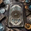 Placeholder: close-up high angle shot, fantasycore beautiful, Intricate hyperdetailed, enchanting The alchemist tarot card set, layed on an old ripped table..