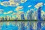 Placeholder: Sunny Day, futuristic buildings near the tree and lake zone, sci-fi, tendency to impressionism, realistic vision