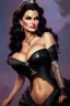 Placeholder: painting of lisa ann as evil queen in black leather gown, feminie, angry, stern look on her face, volouptous, busty, cleavage, emperious, mature, highly detailed, digital painting, artstation, concept art, smooth, sharp focus, illustration, art by gaston bussiere and alphonse mucha