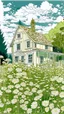 Placeholder: A house made out of white fathers designed in a field of white wild flowers paintings painted by Paul Ranson , Busch painting style, all white, fine line draw style