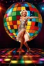 Placeholder: Marilyn Monroe in Saturday Night Fever pose on a dance floor with coulored light unter a big disco globe. The image should be a concept art, 16K HDR, ultra realistic with unique natural textures, slight imperfections, rendered with vray, ultra-high quality, intricate details, ray tracing, realistic genre scene, high resolution, cinematic