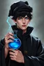 Placeholder: black hair, blue eyes,19year old, male, wearing black robes, alchemist, holding a flask full of blue liquid,wearing crumpled black pointed hat, in the style of Harry Clarke