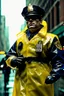 Placeholder: vintage retro nypd full body color policeman wtih exosquelette heavy yellow rain transparent coat