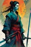 Placeholder: create an imaginative print illustration of an ethereal, otherworldly gaunt and withered ancient female ronin samurai vampire , in the comic book art style of Bill Sienkiewicz, Mike Mignola, and Jean Giraud Moebius, with highly detailed feminine facial features