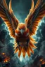 Placeholder: Create a ultra high definition and photorealistic image, 12k quality of a beautiful phoenix, majestic and strength showing, emphasis on texturized claws, upclose with a front view flying towards the camera, centre of an explosive and chaotic background scene of Armageddon where he is followed by demon like dark clouds in persuit trying to grab him, phoenix has striking eyes and determined look, majestic wings folded inwards in flight, bright auburn, black, white, grey and yellow colours, gothic