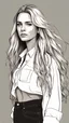 Placeholder: Full body portrait of A breathtaking woman with absurdly long blonde hair.She is wearing a black top and pants and white sneakers. She has her hair down to her knees