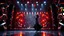 Placeholder: a 3d fractal stage structre made of metallic dark color 3d structures, pertty artistc background,dynamic lights,lady prances in modern fashion clothing dansing in stage