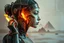 Placeholder: Unique glass metal ripped surrealistic artwork with shiny girl Ghotic head burning screening shackled by cliff and island, while holding a face doing face pulling, the open cavity inside the body is a scene of an ancient Egyptian painting in the Gesang desert 5D diorama, with seven open panels on the body revealing a forest with a thousand shadows, giving a triple exposure effect on a Balinese girl and her neck cavity, with a background in the passage of time