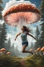 Placeholder: photorealistic girl running from a mushroom with jellyfish tentacles with tall narrow cloud trees in the background