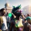 Placeholder: Ultra Realistic photo, medium shot view, drunken dancer women, carnival scene, monster hair, steampunk. Green hair, confeti, Sunglasses, smoking, happy, festival, red fog. highly detailed, concept art, unreal engine 5, ray tracing, RTX, lumen lighting, ultra detail, volumetric lighting, 3d, finely drawn, high definition, high resolution.