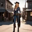 Placeholder: [1883] Jennifer Hawkins, a tattooed cowgirl with an air of confidence and danger, stands tall on Main Street. The sun beats down on the weathered wooden buildings, casting long shadows across the deserted road. The sound of spurs jingling fills the air as Jennifer adjusts her colt, she prepares for the duel