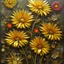 Placeholder: Beautiful alcohol ink flowers with brass metal edging, multidimensional in 3D, impasto, multimedia style, 16k yellow and red daisies.