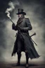 Placeholder: 70 years old victorian bloodborne soldier with a musket and smoking a cigarette