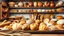 Placeholder: A plan for a bakery shop with a kitchen full of fancy breads, including baguette, roast, sandwich, shirmal, dumpling, toast, toast, bagel, banana, bread steak, brioche, brown, ciabatta, corn, pita, pretzel, pumpernickel, rye , sour dough, tortilla, white, and whole wheat and wheat ears and sesame seeds in the picture in the color theme Tusi