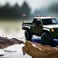 Placeholder: Play-Doh style, hyperrealistic shot, muddy military toy truck, monotone color palette, sharp focus, puddle reflection, tire water splash, refraction, mist on the horizon, shadowcast, detailed and intricate, cinematic composition, micro, tilt shift photography