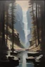 Placeholder: Simeon Stalheg-john Lowry Morrison oil painting, Create a compelling double exposure image by combining two different scenes into one artistic masterpiece. The first layer should capture a majestic forest rocky river mountain landscape and hyper-realistic details showing the complex play of light and shadow. The second layer should consist of the human element, a Hieronimus Bosh-George Baselitz beautiful girl wears a Medieval organza Klimt mauve Gold pink glitter robe sits on the ground holding