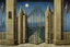 Placeholder: an open gothic gate in a blue-tiled wall with a view of an old city by artist "Rene Magritte",by artist "Leonora Carrington"