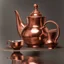 Placeholder: A copper teapot reflects the image of a laughing child