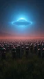 Placeholder: A field of thousands aliens at the end of the picture a blue dark ufo object , cinematic, 8k