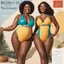 Placeholder: le redoute catalogue de maillots de bain colorés échancrés qui couvrent les fesses: toutes tailles, deux femmes posent en souriant, enlacées. le detail des tailles et les descriptions sont écrites en arrière plan, deux belles et opulentes africaines
