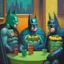 Placeholder: An oil painting of a dark universe masonic sad drunk batman convention, green batman, orange batman, cyan batman.