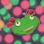 Placeholder: A green frog smiling, smiling with teeth, happy, fun. Night. Colorful market. Dark festival lights. Japanese lanterns. sparkle. Bokeh, fisheye. party. confetti. playful. dance. Saturated.