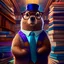 Placeholder: a photograph of a dignified beaver wearing glasses wearing gafas wearing glasses, a vest, and colorful neck tie. He stands next to a tall stack of books in a library