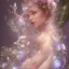 Placeholder: one big crystal subtle flower in a galactic ambiance with a beautiful fairy, transparent petals, delicate colors, in the foreground, full of details, smooth，soft light atmosphere, concept art, smooth, extremely sharp detail,