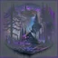 Placeholder: a dark forest with a house in the distance and a ufo in the sky black and purple black metal album