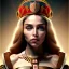 Placeholder: portrait, upper body of grand scam madonna, warm light, small helmet, holding up old scroll, blurred silk background, steam, movie poster illustration art