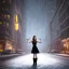 Placeholder: woman wearing a dress floating in the air, scared, downtown snowy new york at night, dramatic, dramatic lighting, volumetric lighting, hyperrealism, 8k, high quality, photorealistic, lot of details