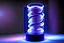 Placeholder: coiled tube changing colours from blue to red and fluroscent-light bulb shining gentle violet rays of light onto the coil