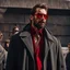 Placeholder: a young man with big muscles who looks like hans gruber wearing a heavy coat and red sunglasses staring with a disgusted look on his face