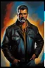 Placeholder: 58-year-old man with crew-cut dark brown hair tapered on the sides, gray goatee, blue eyes, overweight, wearing a leather jacket - pitch black background with an overhead spotlight effect, extremely colorful, oil painting by frank frazetta