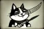 Placeholder: Cat diabolical smiling with a bloody knife with blood. Comic style