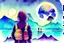 Placeholder: illustration concept art water color style for teenagers in other planet watching the moon and mountains having adventure two teenagers are walking mystery weird cretures mushrooms journey