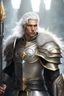 Placeholder: Male Tan Human, White Hair, Handsome Face, Wearing A Crown, Black Heavy Armour, Dark colours theme, Dark Background