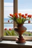 Placeholder: Etruscan urn holding tulips on a windowsill with a view of the sea in the background