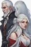 Placeholder: A couple, from the dnd game curse of Strahd. The woman has long white hair and blue eyes, the man has LONG BLACK hair and red eyes, no facial hair.