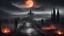 Placeholder: walking straight ahead over a wooden bridge, holding the angel of death with your right hand, entering the fog at the end of the road that leads to the afterlife, and a beautiful sunset and galaxy's behind the fog, realistic