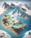 Placeholder: A fantasy map of an island with 3 different climates; desert, snow and forest. Include a mountain in the snow climate and a lake in the middle of the island.