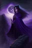 Placeholder: A beautiful witch, dressed in a dark purple cloak, with brown hair and hazel eyes, standing on a mountain peak with a forest behind her, under the full moon, wand out, casting a spell