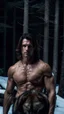 Placeholder: two Handsome and muscular 30 year old shirtless mountain men , dark fantasy, snowy forest