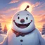 Placeholder: a villanous grin smiling snowman, serene and peaceful sunset background, soft sunlight, 2d anime art,