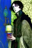 Placeholder: Young male alchemist with blue eyes, wearing long robes, holding a potion flask in the style of Harry Clarke