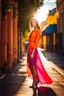 Placeholder: full body shot Young woman, 20 years old, wearing nice fashion dress catwalk in an urban setting, soft sunlight accentuating the vibrant hues of her attire, high contrast, shallow depth of field, candid photo, natural light, ultra realistic