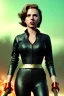 Placeholder: retro portrait image from 1960, explosion background, wind, long hair, young Scarlett Johansson, classic black tight lycra suit, metal stick weapon, gold bracelet and belt, high heel boots, soft color, highly detailed, unreal engine 5, ray tracing, RTX, lumen lighting, ultra detail, volumetric lighting, 3d, finely drawn, high definition, high resolution.